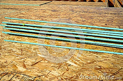 OSB particle board , engineered wood flooring stacked Stock Photo