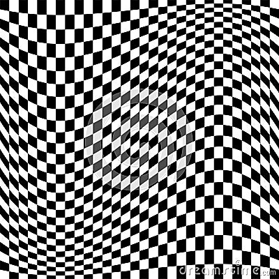 Oscillation, ripple, squeeze warp. Curve, camber element. Wavy, waving distortion on checkered, chequered, chess board pattern. Vector Illustration