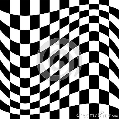 Oscillation, ripple, squeeze warp. Curve, camber element. Wavy, waving distortion on checkered, chequered, chess board pattern. Vector Illustration