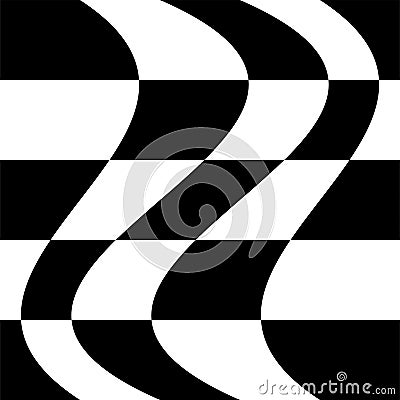Oscillation, ripple, squeeze warp. Curve, camber element. Wavy, waving distortion on checkered, chequered, chess board pattern. Vector Illustration