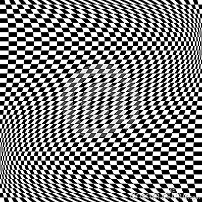 Oscillation, ripple, squeeze warp. Curve, camber element. Wavy, waving distortion on checkered, chequered, chess board pattern. Vector Illustration