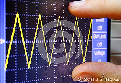 Oscilloscope screen fingers show the amplitude of the signal Stock Photo