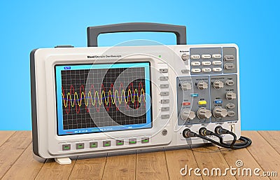 Oscilloscope on the wooden table, 3D rendering Stock Photo