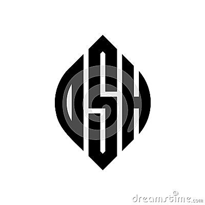 OSH circle letter logo design with circle and ellipse shape. OSH ellipse letters with typographic style. The three initials form a Vector Illustration
