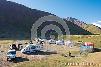 Tourist Yurt camp of Tulpar Kol Lake in Alay Valley, Osh, Kyrgyzstan Editorial Stock Photo