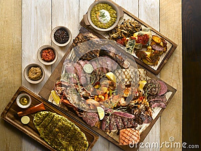 Osia Steak Seafood Grill with beef, pork, bacon, ham, sausages, Stock Photo