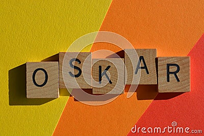 Oskar, business acronym in 3D wooden alphabet letters isolated on colourful background Stock Photo