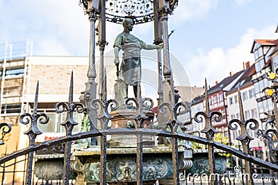 Oskar-Winter-Brunnen brass ring embedded in the ironwork of this ornate 1896 fountain, Hanover, Germany Editorial Stock Photo