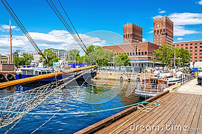 Oslo City Hall from Harbour, Norway Stock Photo