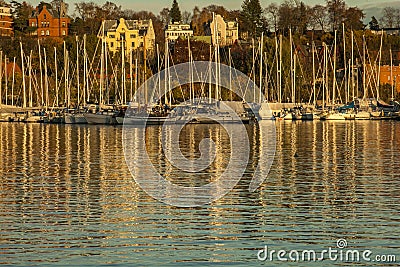 Oslo - fjord, boats at sunset. Stock Photo