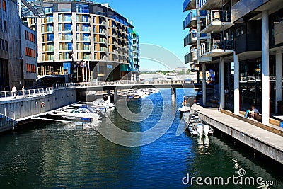 Oslo harbour and on background some modern buildings. Editorial Stock Photo