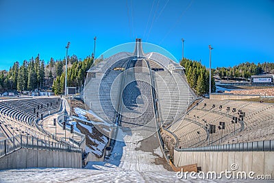 OSLO, NORWAY, APRIL 15, 2019: Holmenkollen ski jumping stadium and norwegian ski museum in Oslo Editorial Stock Photo