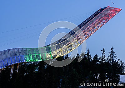 Illumination of the Holmenkollbakken hill on the occasion of Oslo Pride 2020 Editorial Stock Photo