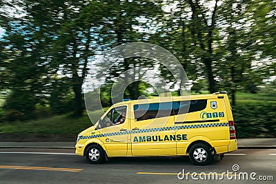 Oslo, Norway. Moving With Siren Emergency Ambulance Reanimation Mercedes Benz Van Car On Street. Editorial Stock Photo