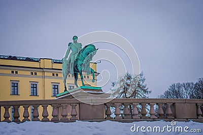 OSLO, NORWAY - MARCH, 26, 2018: Outdoor view of Statue of King Karl Johan outside The Royal Palace in Oslo Editorial Stock Photo