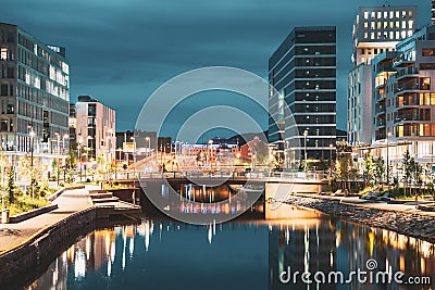 Oslo, Norway. Night View Embankment And Residential Multi-storey House In Gamle Oslo District. Summer Evening Stock Photo