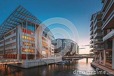Oslo, Norway. Night View Embankment And Residential Multi-storey Houses In Aker Brygge District. Summer Evening Editorial Stock Photo