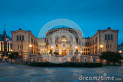 Oslo, Norway. Night View Of Storting Building. Parliament Of Norway Building Stock Photo