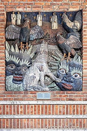 Oslo, Norway - Nordic mythology motives of Garm and Ragnarok in exterior decorations of City Hall historic building - Radhuset - Editorial Stock Photo