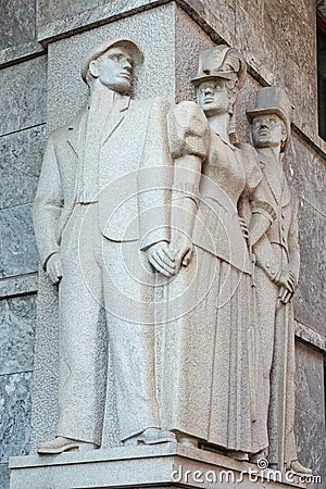 Oslo, Norway: Sculptural bas-relief, Oslo City Hall Oslo rÃ¥dhus. Prostitute with souteneur and client Editorial Stock Photo