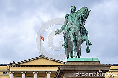 Oslo, Norway - Statue of King Charles XIV John - Karl XIV Johan - in front of Oslo Royal Palace, Slottet, in Slottsplassen square Editorial Stock Photo