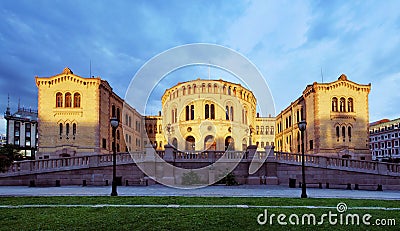 Oslo Stortinget Parliament at sunset, Norway Stock Photo