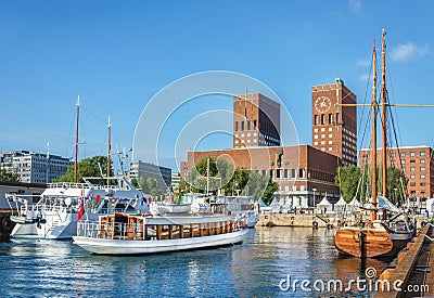 Oslo town hall from the sea, Oslo, Norway Stock Photo