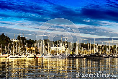 Oslo yacht club golden sunset background Stock Photo