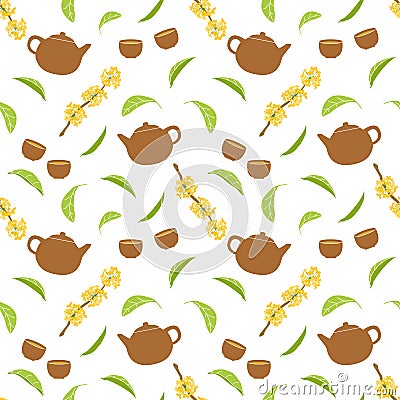 Osmanthus flower tea pattern background with teapot and teacups. hand drawn fragrant tea olive, sweet olive or osmanthus fragrans. Vector Illustration