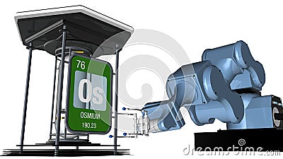 Osmium symbol in square shape with metallic edge in front of a mechanical arm that will hold a chemical container. 3D render. Stock Photo