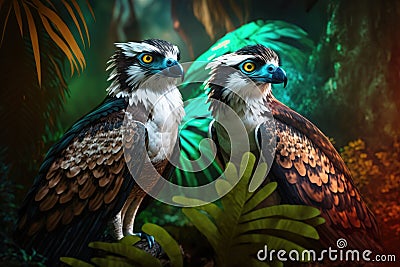 Design of two colorful Osprey bird in the Jungle. Stock Photo