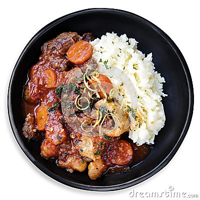 Osso Bucco Beef Stew with Potato Mash Top View Stock Photo