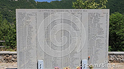 Ossuary monument of Sant`Anna di Stazzema. Nazi massacre of 12 August 1944. Plaque with the list of victims of the massacre Editorial Stock Photo