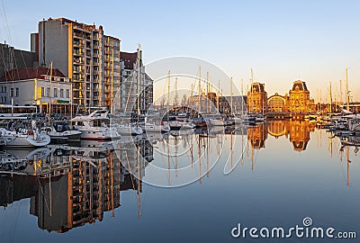 Ostend City Harbor Reflection, Belgium Stock Photo