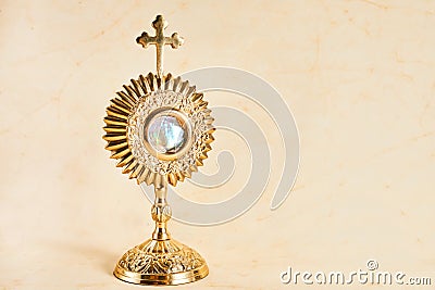 Ostensory for worship for Catholic church ceremony. Corpus christi. Stock Photo