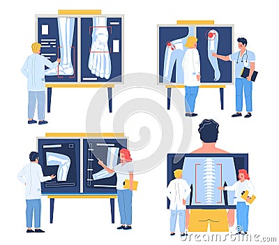 Osteopath examining xray pictures of patient joints, spine bones, flat vector illustration. Osteoarthritis, osteoporosis Vector Illustration