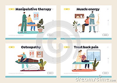 Osteopath manual therapist doctor massaging patients concept of template landing pages set Vector Illustration