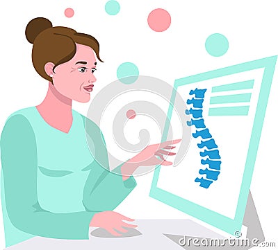 Osteopath sits at office desk on computer. Flat style vector illustration.Medical research and diagnosis. Scan back and Vector Illustration