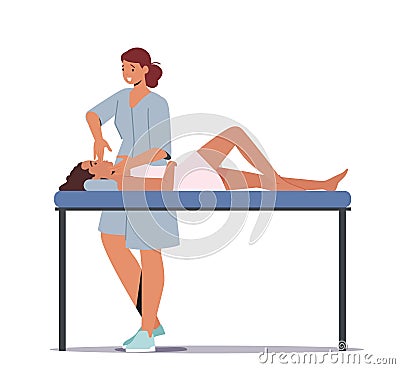 Osteopathic Treatment Concept. Woman Lying On Couch In Doctor Osteopath Office. Female Character Applying Facial Massage Vector Illustration