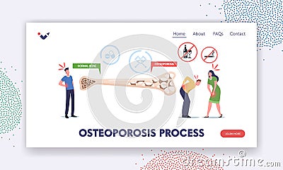 Osteoporosis Process Landing Page Template. Tiny Male Female Characters with Bones Disease near Huge Bone Cross Section Vector Illustration
