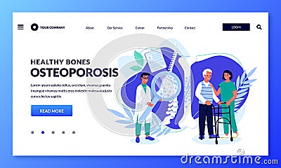 Osteoporosis symptoms concept. Nurse helps to elderly male patient. Doctor diagnostics spine bones. Vector illustration Vector Illustration