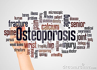 Osteoporosis word cloud and hand with marker concept Stock Photo