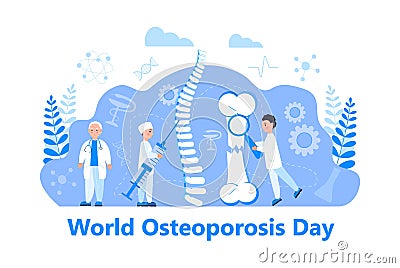 Osteoporosis world day concept, osteoarthritis anatomical vector. Tiny doctors research bones of human Stock Photo