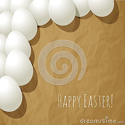 Happy Easter postcard white eggs in the corner on a crumpled paper brown background Stock Photo