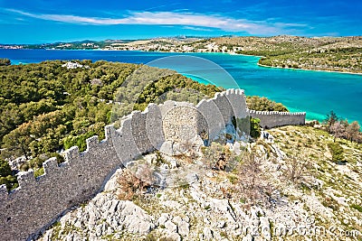 Ostrica historic defence wall ruins in Grebastica bay aerial view Stock Photo