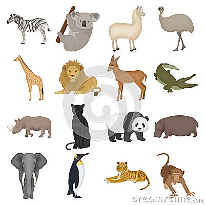 Ostrich emu, crocodile, giraffe, tiger, penguin and other wild animals. Artiodactyla, mammalian predators and animals Vector Illustration