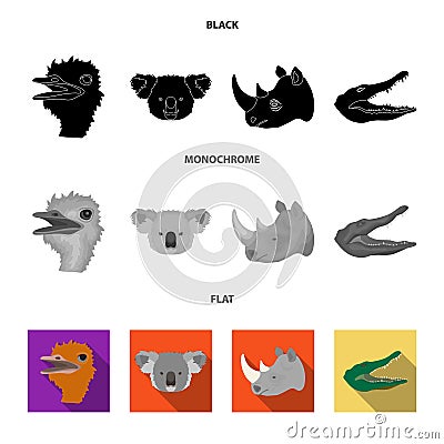 Ostrich, koala, rhinoceros, crocodile, realistic animals set collection icons in black, flat, monochrome style vector Vector Illustration