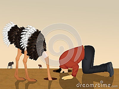 Ostrich and man with his head in the sand Stock Photo