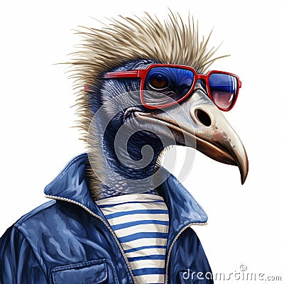 Male Ostrich In Striped Jacket And Sunglasses - Realistic Steampunk Character Illustration Cartoon Illustration