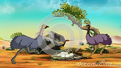 Ostriches in the african savannah Stock Photo